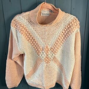 Vintage 1980’s Just Maggie Women's Peach and Cream Hand Knit Sweater | Large